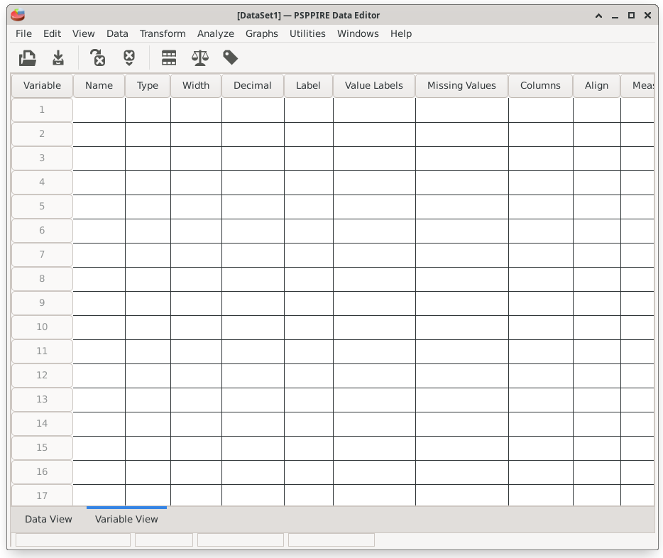 This shows the appearance of the data editor with the variable view.