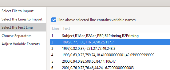 A screenshot of the data import wizard. It shows the highlighted second row. The radio button is also checked for importing the first row as variable names.