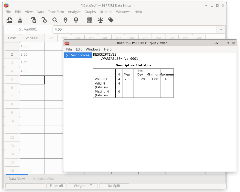 The appearance of PSPP with the data and the output windows.