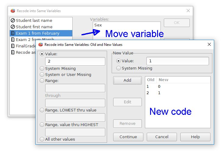 Dialog box for recoding into the same variable. First, move the source variable to the Variables column. Next, enter the new coding scheme.