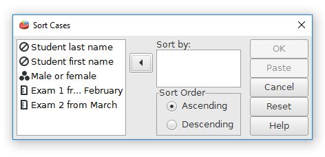 A blank sort cases dialog box is shown.