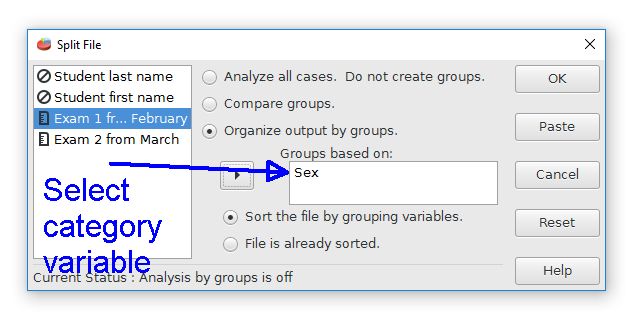 The split file dialog box with the sex variable chosen for organizing the split.