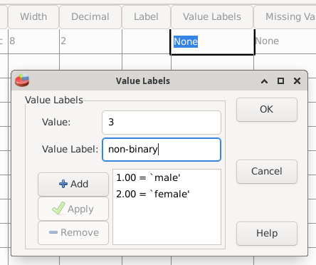 The value labels dialog box with values entered for male, female, and non-binary.